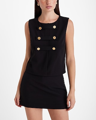 Crew Neck Sleeveless Novelty Button Strap Top