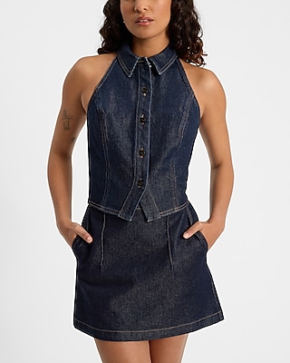 Denim Halter Sleeveless Smocked Back Top