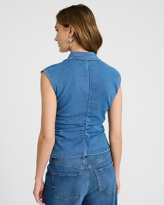 Stretch Denim Ruched Cap Sleeve Shirt - image 2