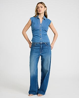 Stretch Denim Ruched Cap Sleeve Shirt - image 3