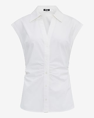 Stretch Cotton Poplin Cap Sleeve Ruched Shirt