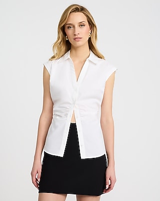 Stretch Cotton Poplin Cap Sleeve Ruched Shirt