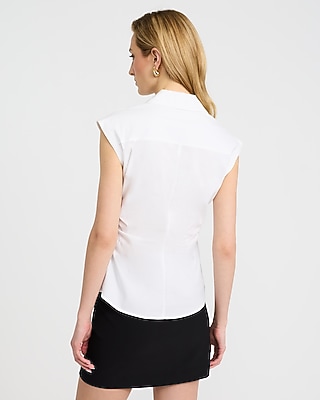 Stretch Cotton Poplin Cap Sleeve Ruched Shirt