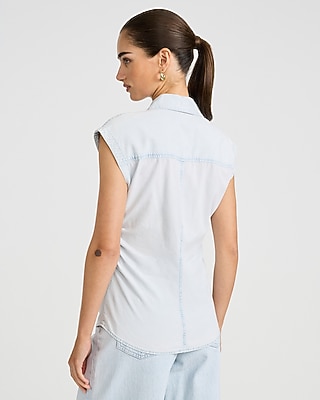 Cotton Denim Cap Sleeve Button Front Ruched Shirt