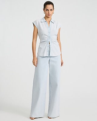 Cotton Denim Cap Sleeve Button Front Ruched Shirt