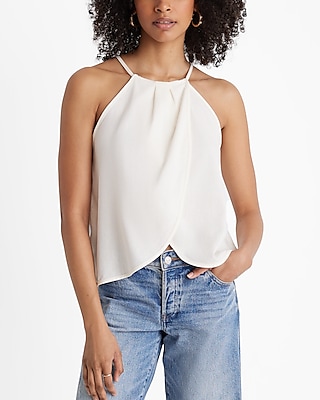 Linen-Blend Tie Halter Neck Pleated Split Hem Top