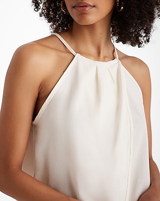 Linen-Blend Tie Halter Neck Pleated Split Hem Top