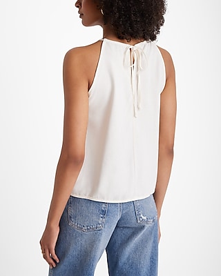 Linen-Blend Tie Halter Neck Pleated Split Hem Top