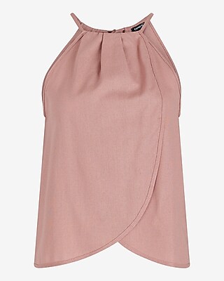 Summer-Blend Linen Tie Halter Neck Pleated Split Hem Top