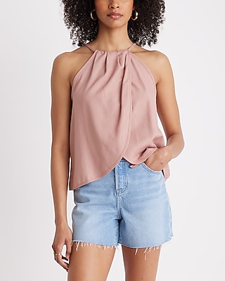 Summer-Blend Linen Tie Halter Neck Pleated Split Hem Top
