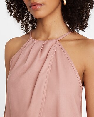 Summer-Blend Linen Tie Halter Neck Pleated Split Hem Top