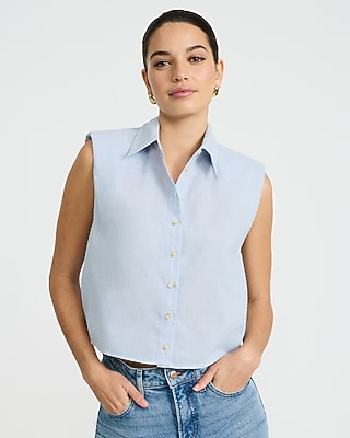 Cotton Striped Padded Shoulder Sleeveless Shirt