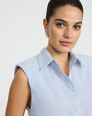 Cotton Striped Padded Shoulder Sleeveless Shirt