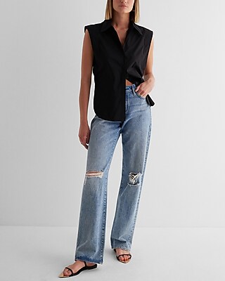 Tapered Sleeveless Button Up Shirt