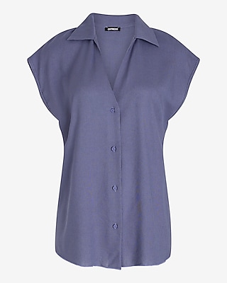Linen-Blend Cap Sleeve Oversized Button Up Shirt