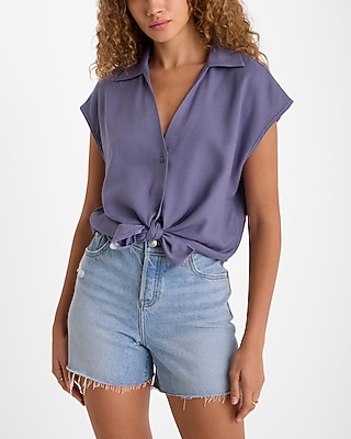 Linen-Blend Cap Sleeve Oversized Button Up Shirt