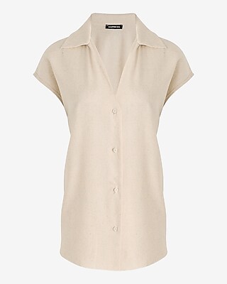 Linen-Blend Cap Sleeve Oversized Button Up Shirt