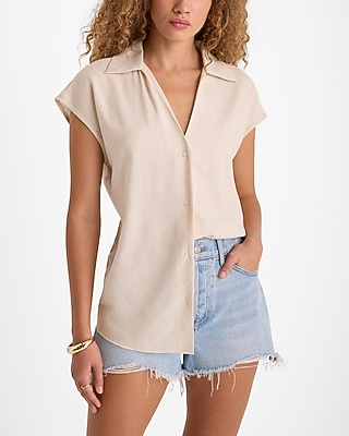 Linen-Blend Cap Sleeve Oversized Button Up Shirt