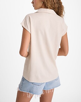 Linen-Blend Cap Sleeve Oversized Button Up Shirt