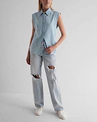 Denim Sleeveless Button Up Shirt - image 5