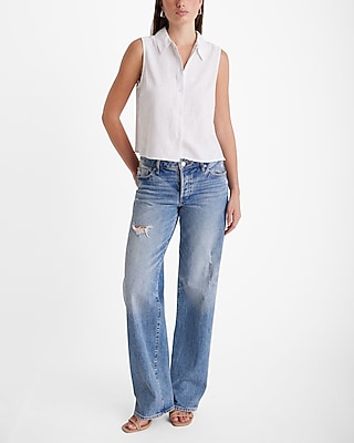 Linen-Blend Sleeveless Button Up Shirt