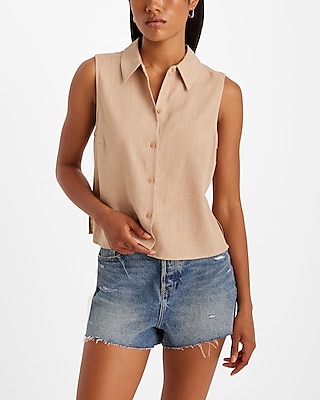 Linen-Blend Sleeveless Button Up Shirt