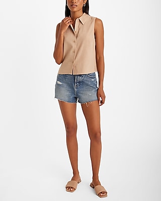 Linen-Blend Sleeveless Button Up Shirt