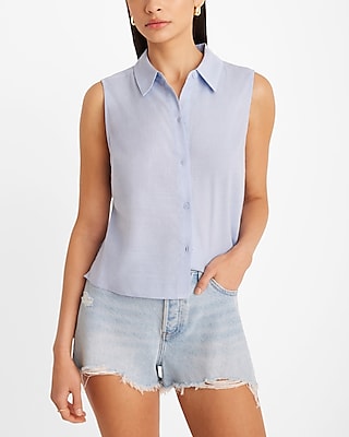 Linen-Blend Sleeveless Button Up Shirt