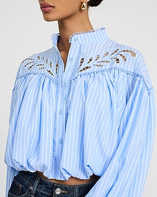Eyelet Mock Neck Long Sleeve Bubble Hem Shirt