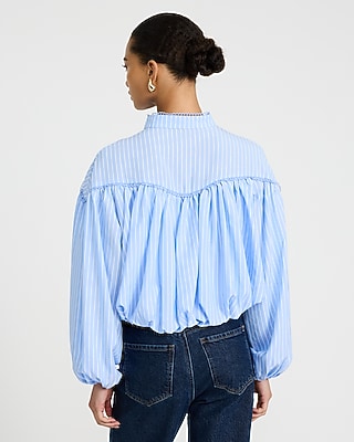 Eyelet Mock Neck Long Sleeve Bubble Hem Shirt