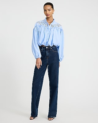 Eyelet Mock Neck Long Sleeve Bubble Hem Shirt