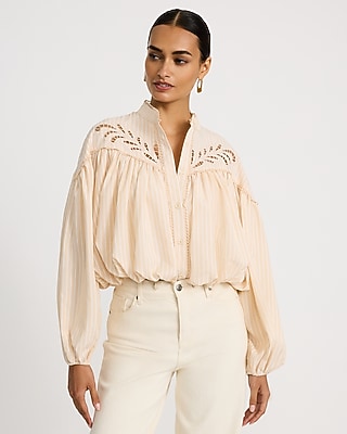 Eyelet Mock Neck Long Sleeve Bubble Hem Shirt