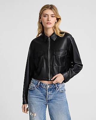 Faux Leather Zip Front Cropped Shacket