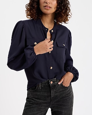 Balloon Sleeve Novelty Button Front Pocket Shirt
