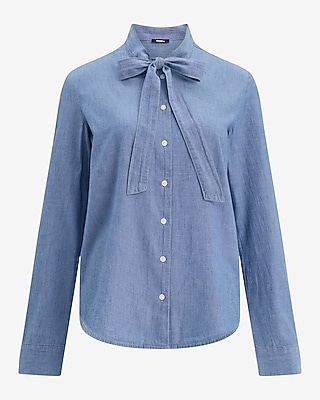Cotton Denim Tie Neck Button Front Top