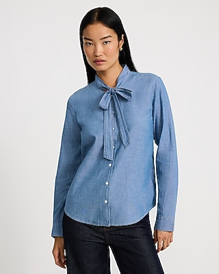 Cotton Denim Tie Neck Button Front Top