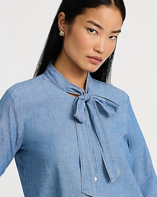 Cotton Denim Tie Neck Button Front Top