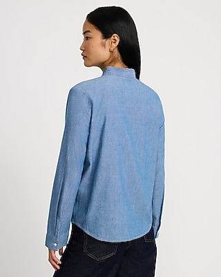 Cotton Denim Tie Neck Button Front Top