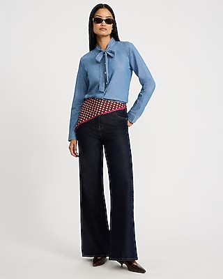 Cotton Denim Tie Neck Button Front Top