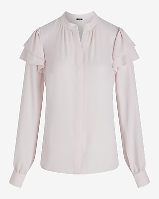 Relaxed Gathered Neck Ruffle Shoulder Portofino Shirt