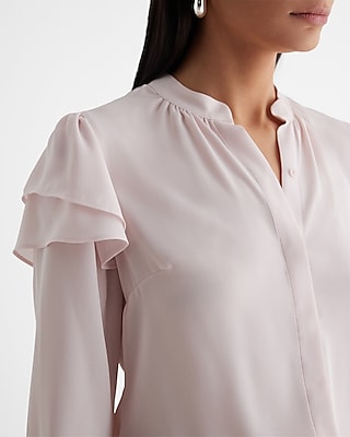 Relaxed Gathered Neck Ruffle Shoulder Portofino Shirt