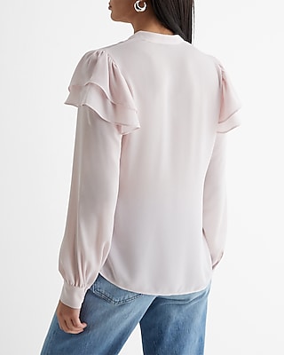 Relaxed Gathered Neck Ruffle Shoulder Portofino Shirt