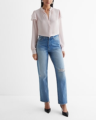 Relaxed Gathered Neck Ruffle Shoulder Portofino Shirt