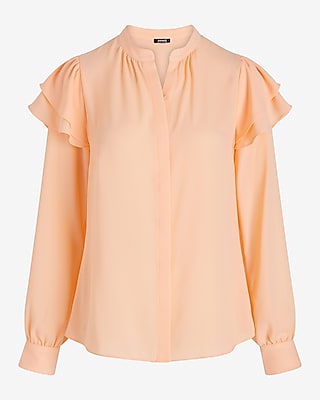 Relaxed Gathered Neck Ruffle Shoulder Portofino Shirt