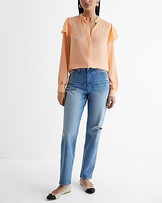Relaxed Gathered Neck Ruffle Shoulder Portofino Shirt
