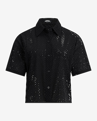 Mini Eyelet Short Sleeve Cropped Boyfriend Portofino Shirt
