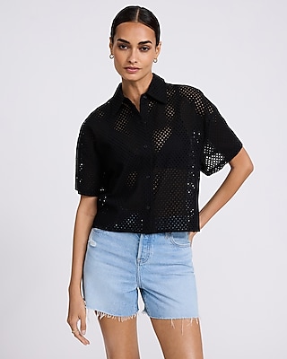 Mini Eyelet Short Sleeve Cropped Boyfriend Portofino Shirt