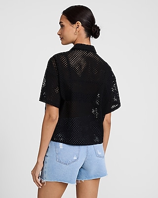 Mini Eyelet Short Sleeve Cropped Boyfriend Portofino Shirt