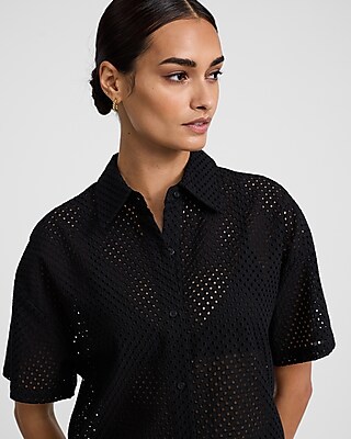 Mini Eyelet Short Sleeve Cropped Boyfriend Portofino Shirt