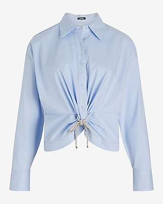 Rhinestone Bow Cinched Front Cropped Shirt